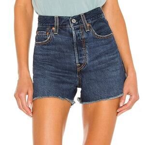 Levi's Premium Denim Dark Wash Button Fly High Waist Ribcage Shorts in Noe Five